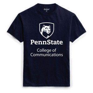 short sleeve navy t-shirt with Penn State College of Communications below Lion Shield graphic